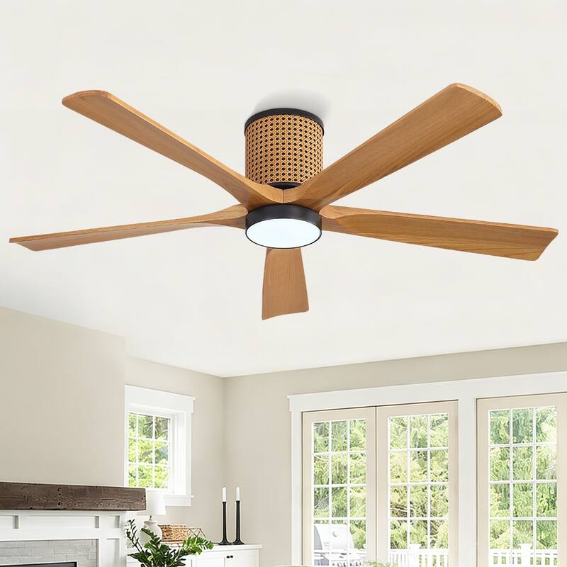 MLiAN 5 Solid Wood Blades Ceiling Fan with Lights Remote Control 6-Speed DC - 54'' - Black/Beech Wood