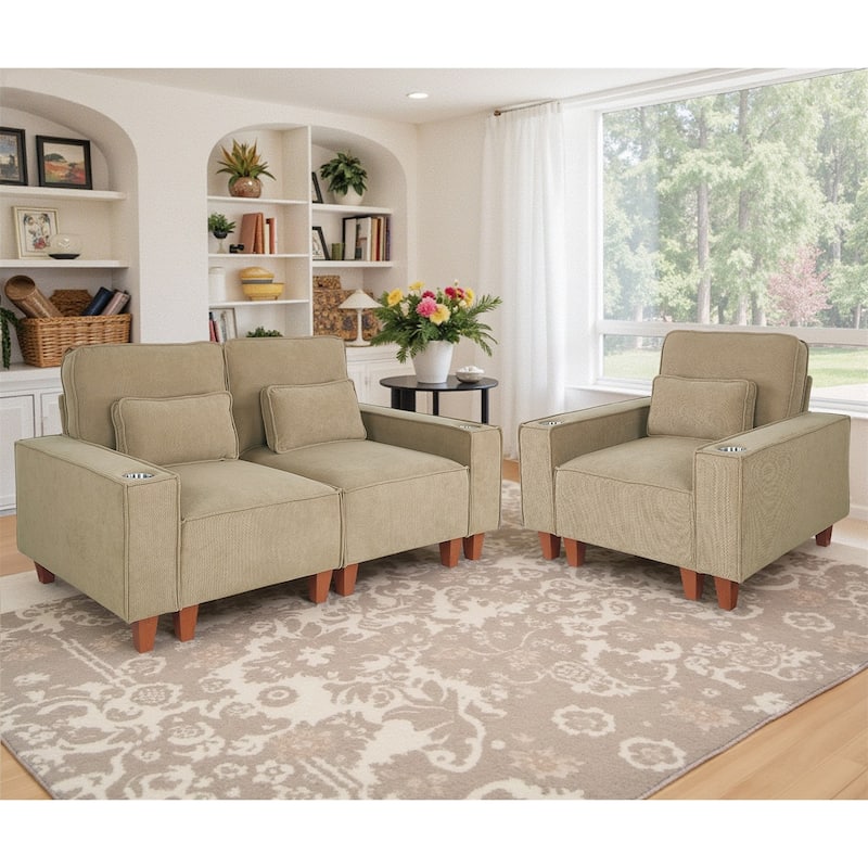 Modern Corduroy Sofa with 2 Pillows, Mid-Century Loveseat Couch with Square Arms for Livingroom