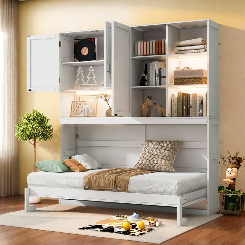 Twin Size Murphy Bed with Storage - Multi-Functional Fold-Up Design, Industrial-Grade MDF/Plywood Construction - White