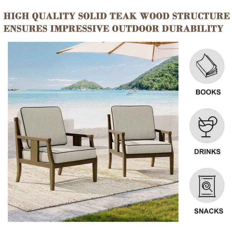 2 Set Brown Wood Outdoor Accent Club Chairs with Water-Resistant Cushions
