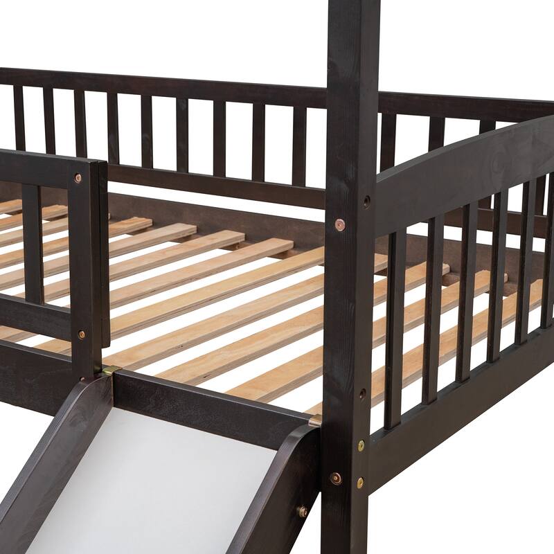 Twin Loft Bed with Slide, House Bed, Espresso Finish, Space-Saving Design