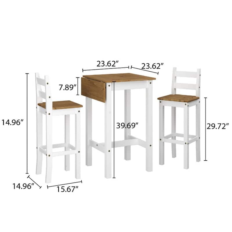 Wood Bar Height Dining Set of Drop Leaf Table and 2 Chairs Corona Collection | Furniture Dash