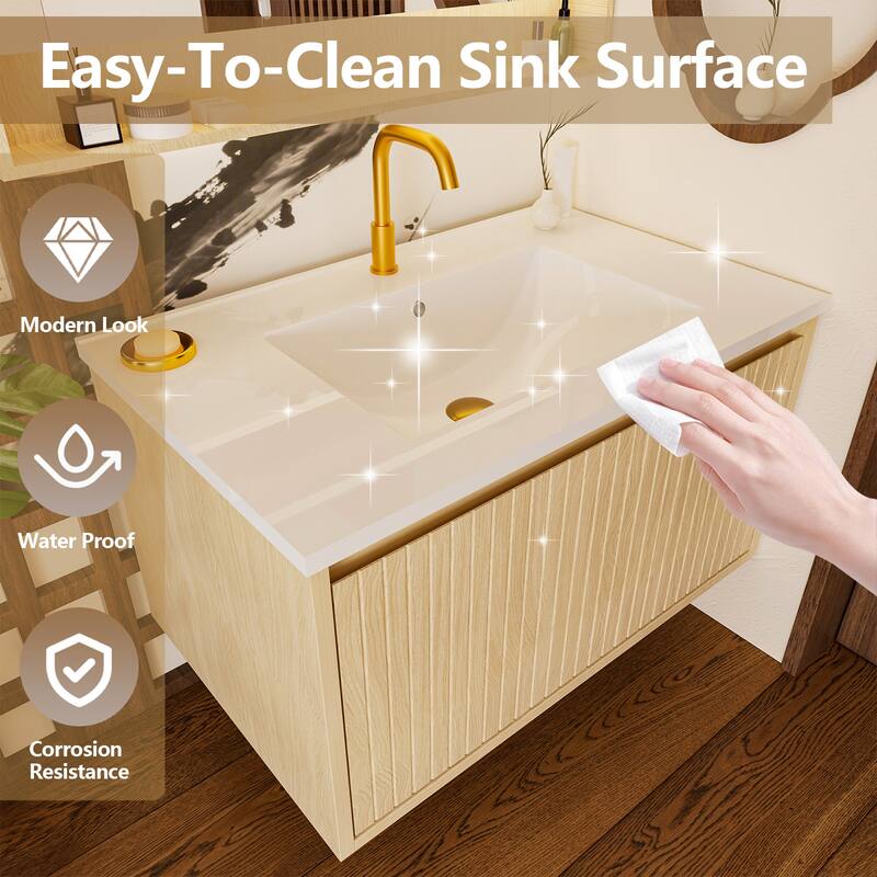 30 Inch Wall Mounted Bathroom Vanity with Ceramic Sink, Floating Cabinet with Drawers, Modern Fluted Design
