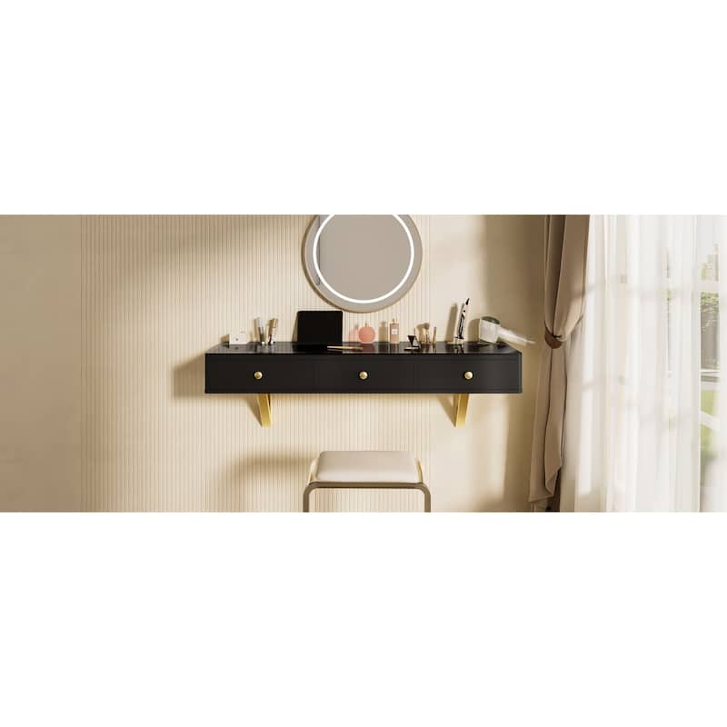Floating Vanity Desk with Glass Top & Drawers, Wall Mounted Makeup Vanity Desk, Dressing Table with Tablet Holder