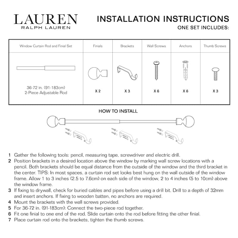 Lauren Ralph Lauren Welford 1" Adjustable Window Curtain Rod and Finial Set