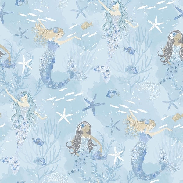 slide 2 of 10, Galerie Wallcoverings Tiny Tots 2 Mermaids Non-woven Glittery Wallpaper Roll 33 feet x 21 inches - Blues/Purple/Glitter