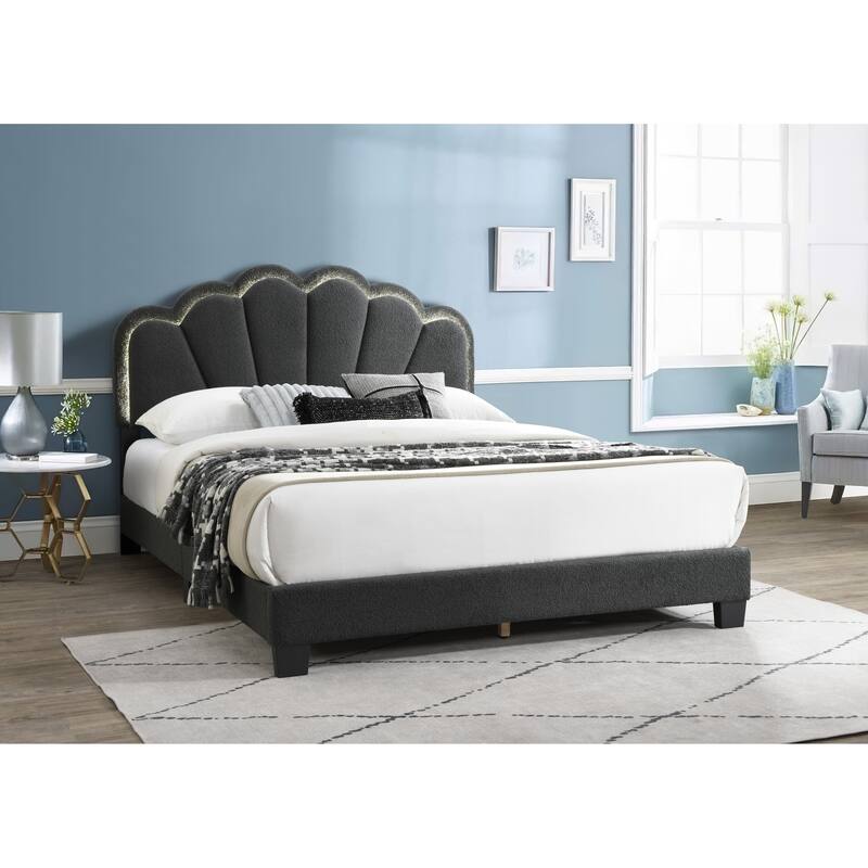 1pc Queen Size Bed Charcoal Wool Fabric Floral Design Headboard w LED Fully Upholstered Platform Bedframe