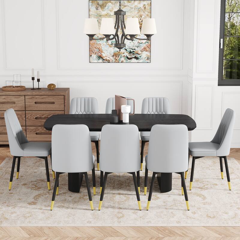 9-Piece Dining Table Set. 67 * 35.4 inch wood grain MDF dining table with 8 chairs