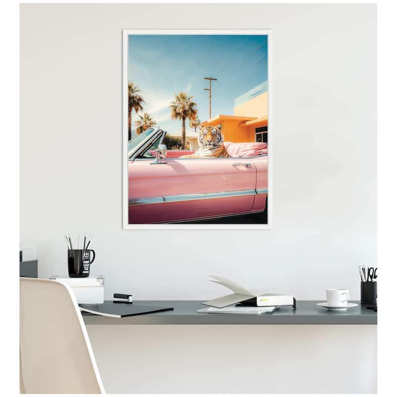 Kate and Laurel Cool Tiger Sitting in a Pink Classic Car by Michael Schauer Framed Canvas Wall Art Print