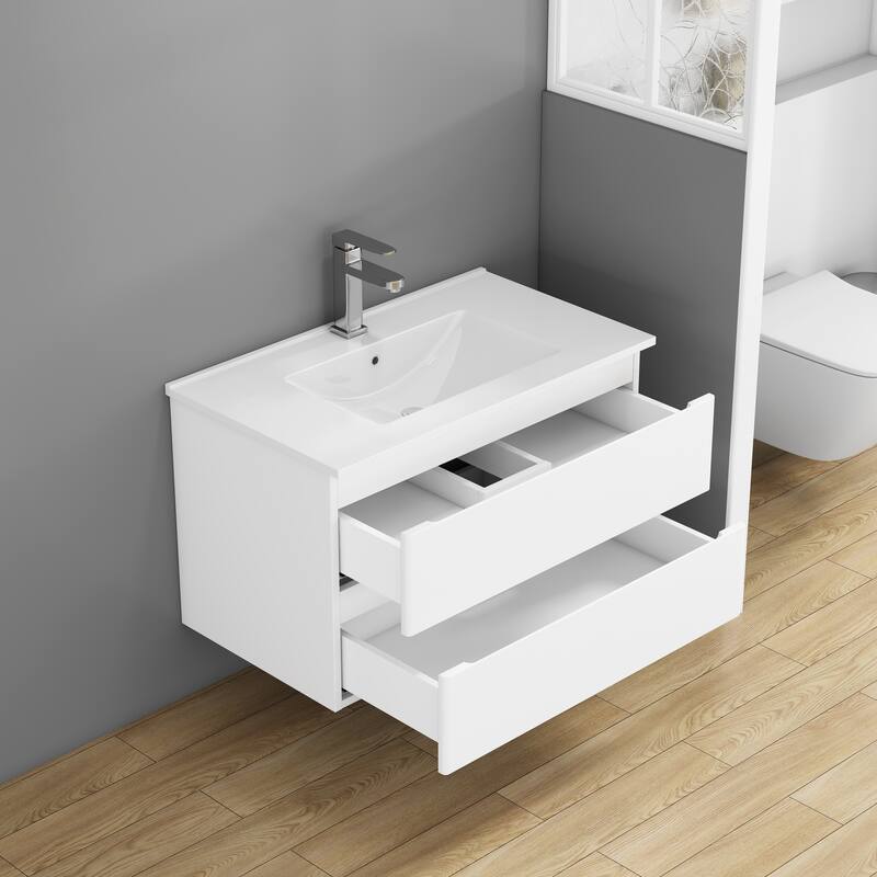 32 Inch Floating Bathroom Vanity with One-piece Ceramic Sink, Wall Mounted Cabinet with 2 Drawers