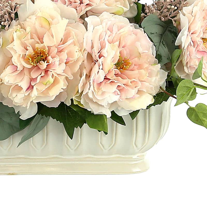 Peony, vine and eucalyptus in cream planter - Pink, Green, Cream