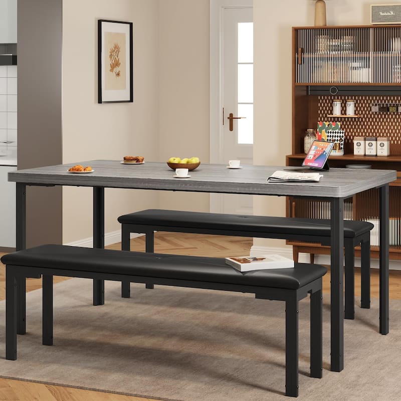 Dining Table Set for 4, Kitchen Table with 2 Benches with Metal Frame, Space-Saving - Grey
