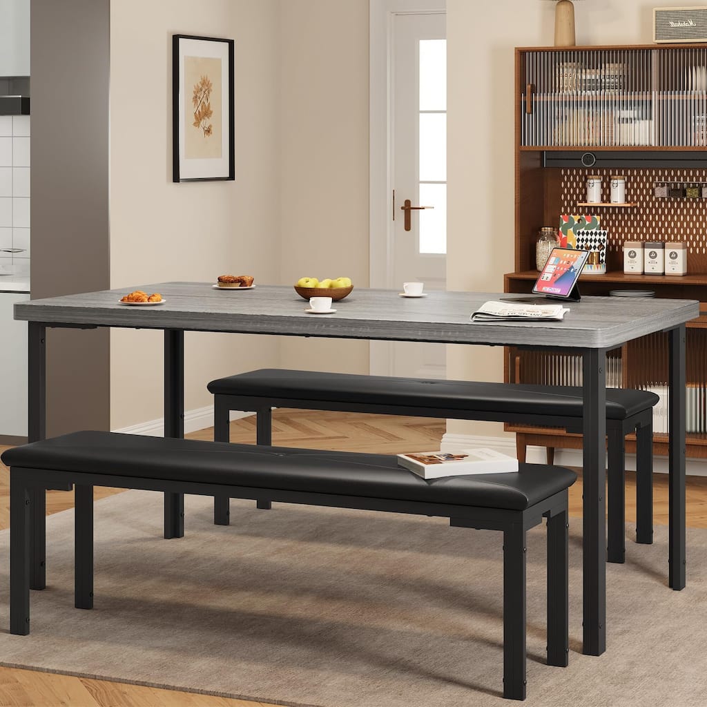 Dining Table Set for 4, Kitchen Table with 2 Benches with Metal Frame, Space-Saving