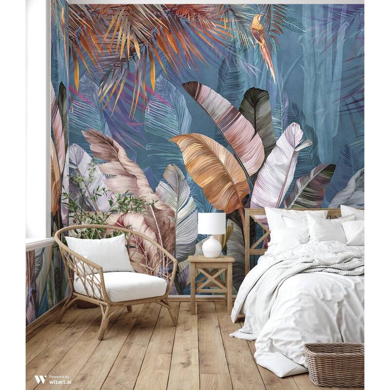 Lush Tropical Forest Mural with Vibrant Palms and Parrot - Blue - W:163" x H:110"