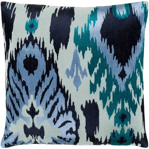 Dobra Blue Embroidered Ikat Poly Fill Throw Pillow (22" x 22")