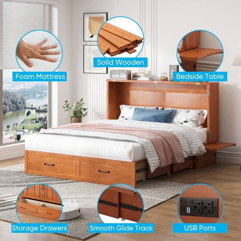 Mixoy Queen Murphy Bed Chest with Charging Station and Storage Drawer,No Mattress