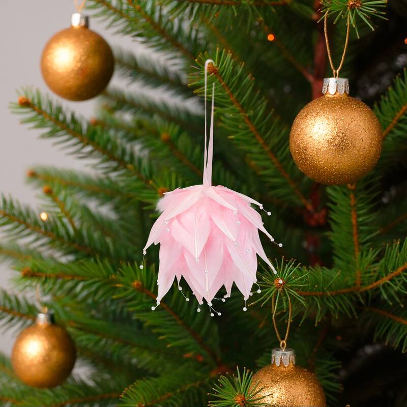 Feathered Ball with Pearls Christmas Ornament - 4.25" - Pink and White