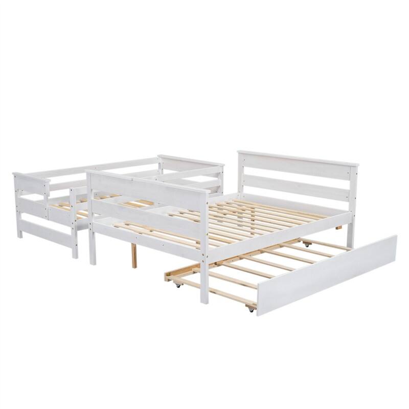 Twin over Full Size Bunk Bed with Twin Size Trundle, Solid Wood Bunk Bedframe with Ladder and Guardrails for Kids