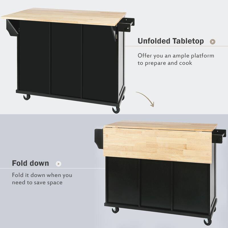 Kitchen Cart with Rubber wood Drop-Leaf Countertop