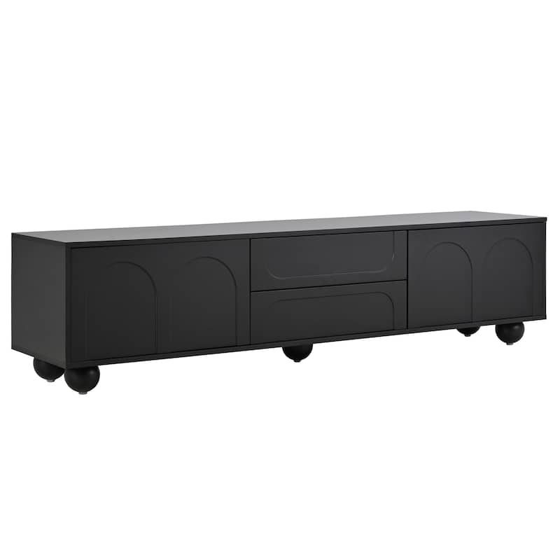 Cream Style TV Stand with Arched Doors and 2 Drawers, for TVs Up to 75" - 69.6" W × 15.7" D × 17.7" H - Black