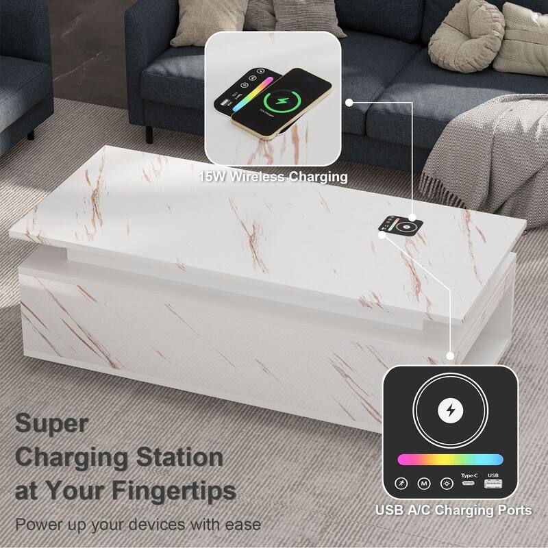 Smart LED Coffee Table 47.2" with Bluetooth Speaker & Wireless Charging, Modern White Marble Center Table