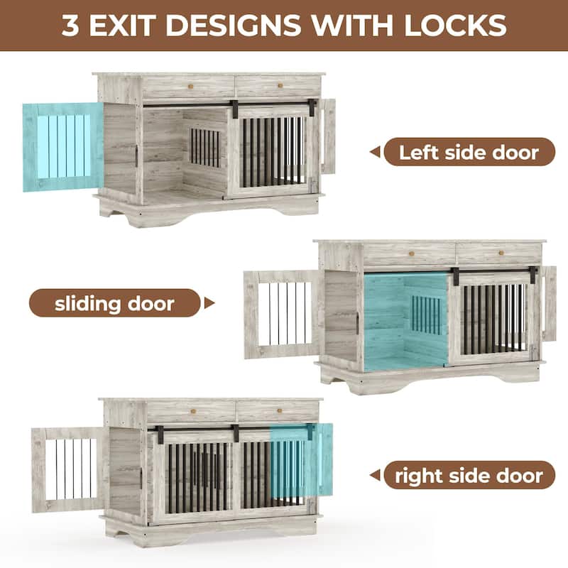 Furniture Style Dog Crate with Divider, Storage Drawers and 3 Doors