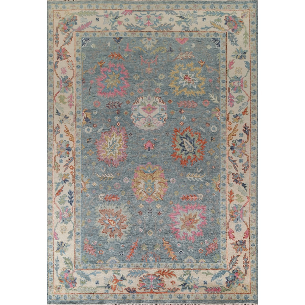 Blue Floral Oushak Oriental Area Rug Handmade Wool Carpet - 8'8"x 12'0"