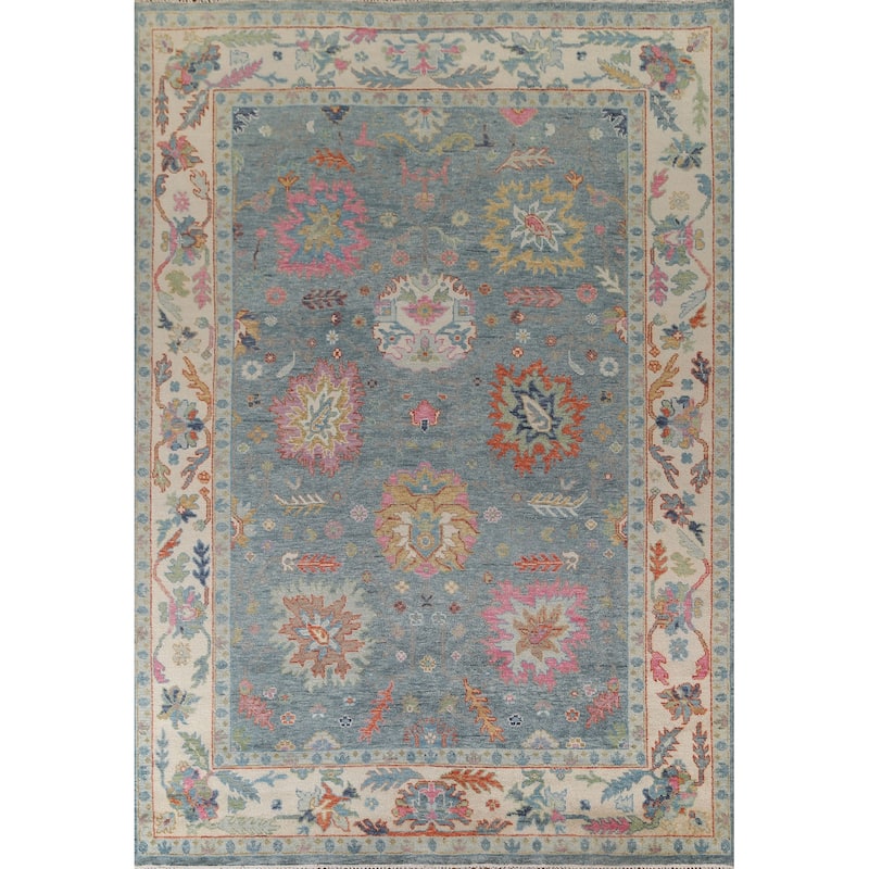 Blue Floral Oushak Oriental Area Rug Handmade Wool Carpet - 8'8"x 12'0"