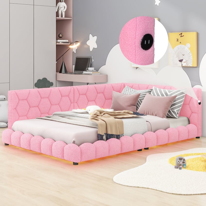 Full Size Platform Bed, Teddy Upholstered Bed Frame with USB Ports and