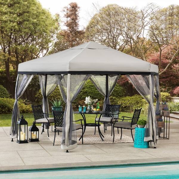 Shop Sunjoy 11 Ft X 11 Ft Gray And Black Hexagon Steel Gazebo Overstock 30581629
