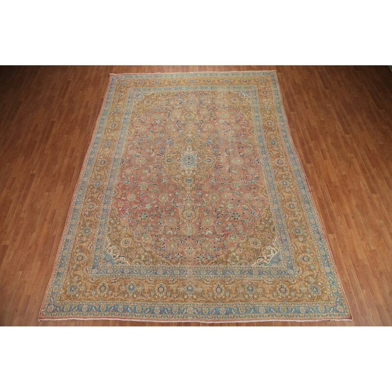 Hand Knotted Oriental 100% Wool Carpet Traditional Floral Pink Mashad Area Rug - 12' 9'' X 9' 4''
