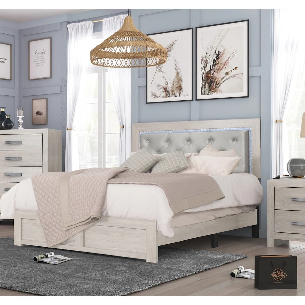 Modern Queen Panel Bed with LED Headboard, Beige Faux Leather Upholstery & Wooden Frame