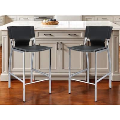 HomeRoots Set of Two 25" Black and Silver Faux Leather and Metal Low Back Counter Height Bar Chairs