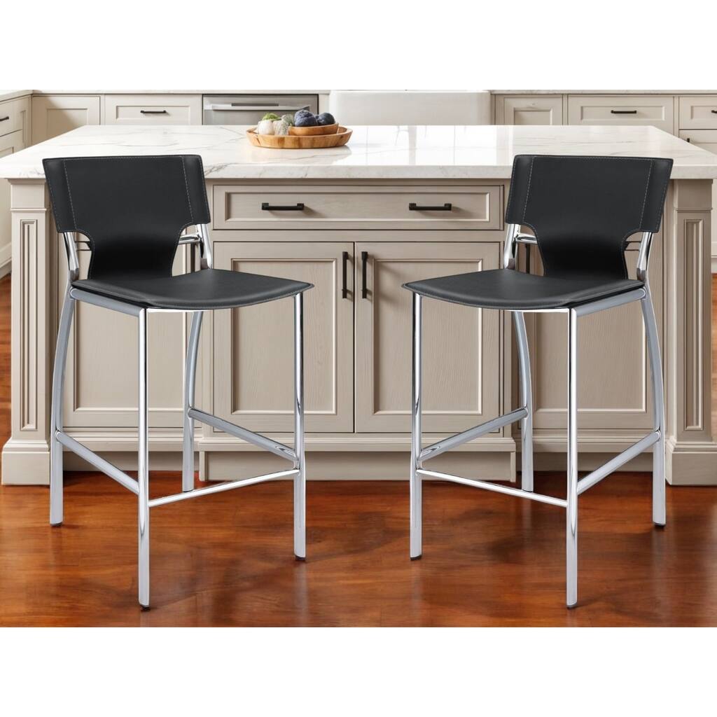 HomeRoots Set of Two 25" Gray and Silver Faux Leather and Metal Low Back Counter Height Bar Chairs