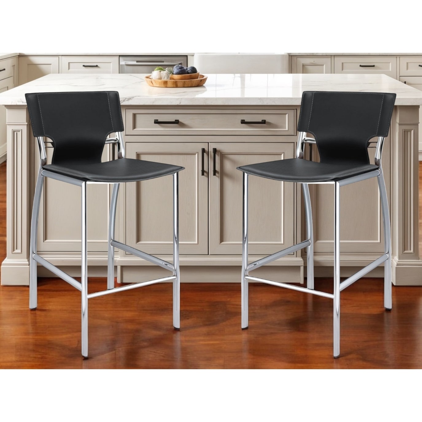HomeRoots Set of Two 25" Gray and Silver Faux Leather and Metal Low Back Counter Height Bar Chairs