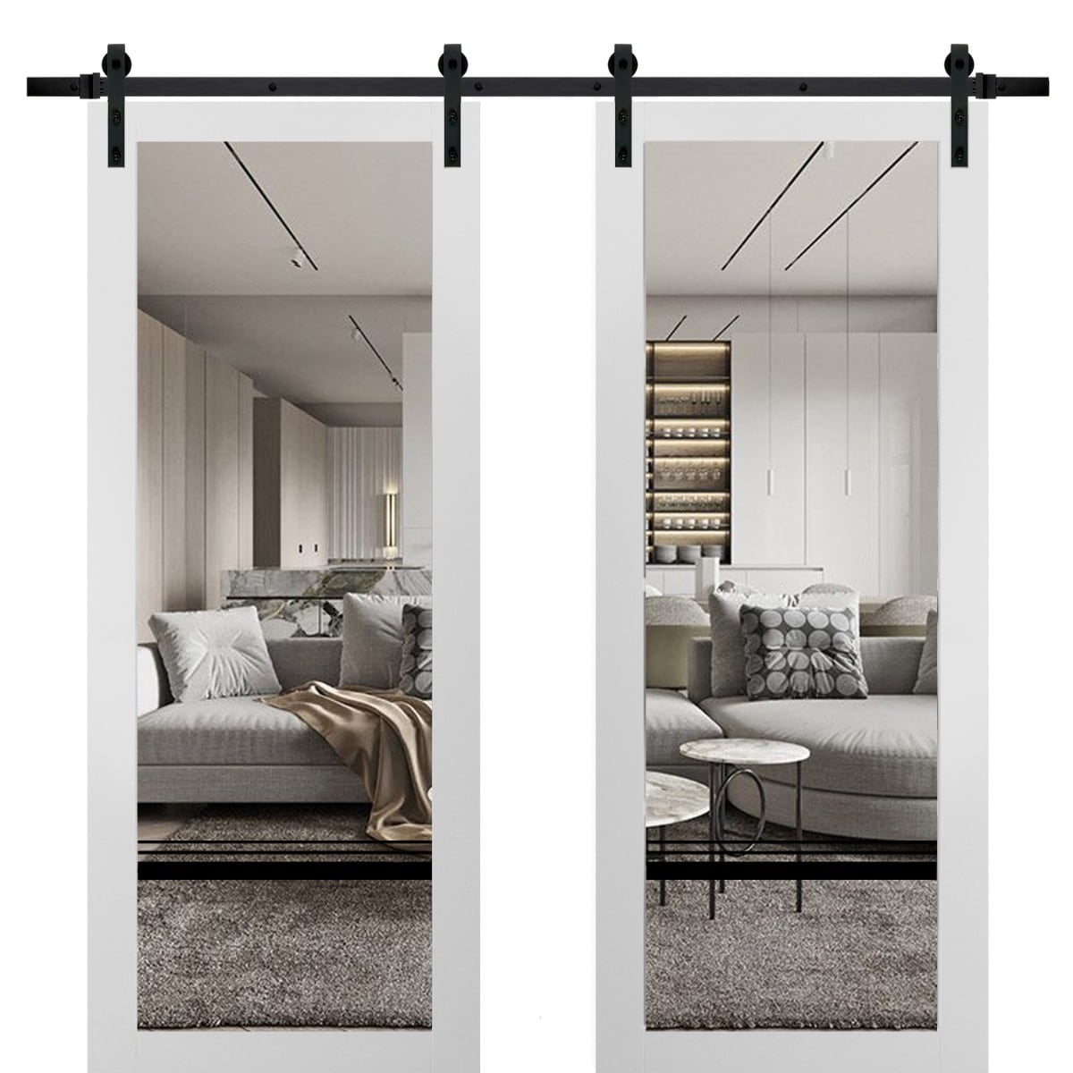 SartoDoors Lucia 2666 | Closet Door Double Barn Door | Solid Wood w/ Glass | Hardware Set | 36x80, White Silk Bedroom Door
