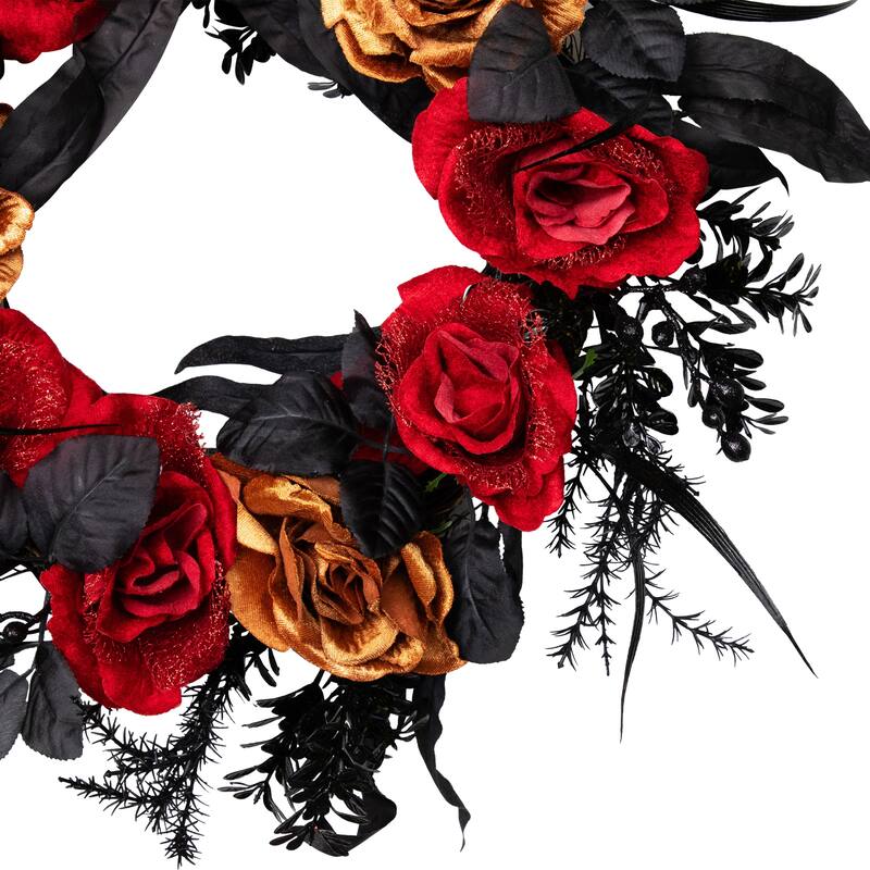 Roses with Mixed Foliage Halloween Wreath - 22" - Red and Gold - Unlit