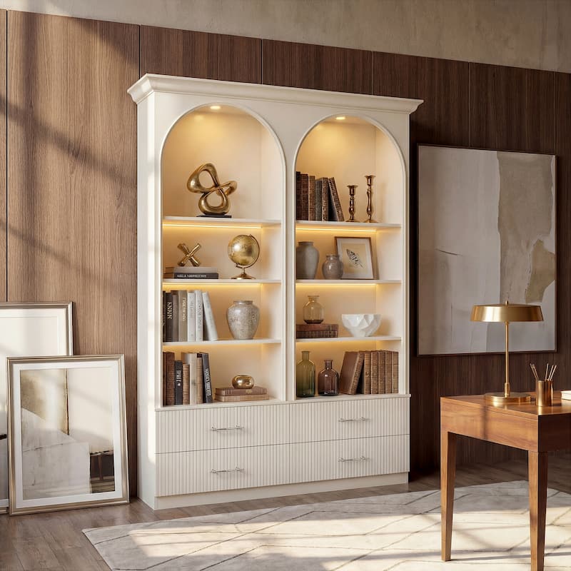 Modular Bookcase with LED Lights, Glass Door Storage Cabinet with Drawers, Large Display Shelving Unit Sideboard