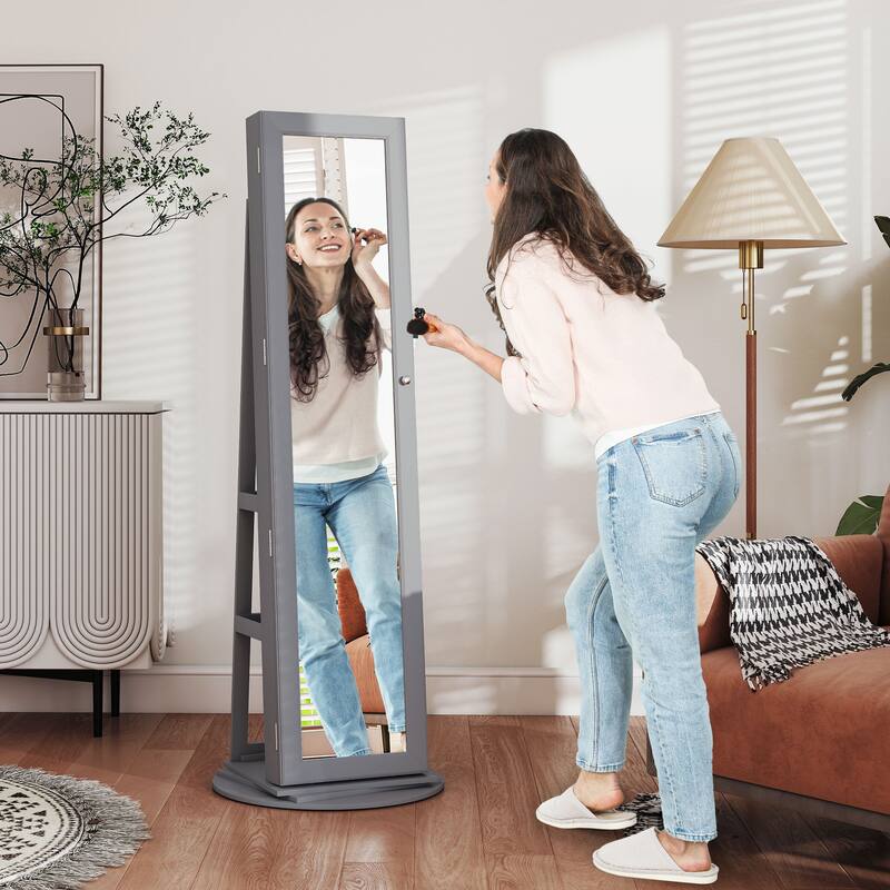 HOMCOM 360° Swivel Jewelry Cabinet, Lockable Jewelry Armoire Organizer with Full-Length Mirror for Bedroom Living Room