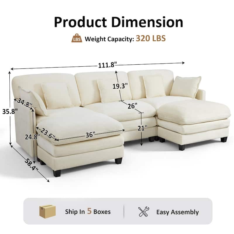 MCombo 111.8'' Modular Sectional Sofa Couch with Reversible Ottoman for Living Room, L Shaped Sofa, FSC Certified