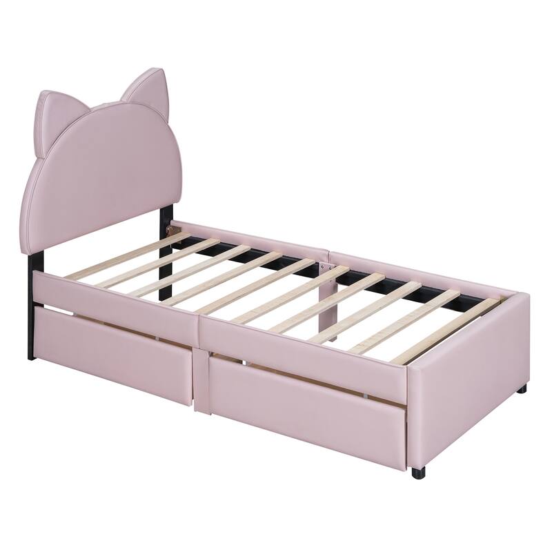 Upholstered Platform Bed with Cute Headboard and 2 Drawers