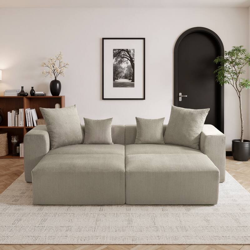 81"W No Assembly Corduroy Modular Sectional Sofa with Ottoman - Brown