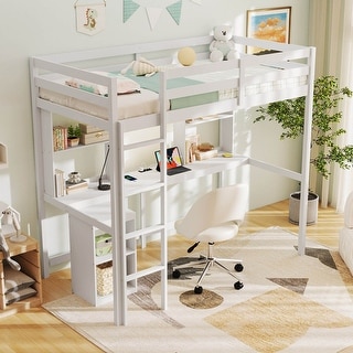 Wooden Loft Bed Frame Twin Loft Bed w/ Desk & Charging Station