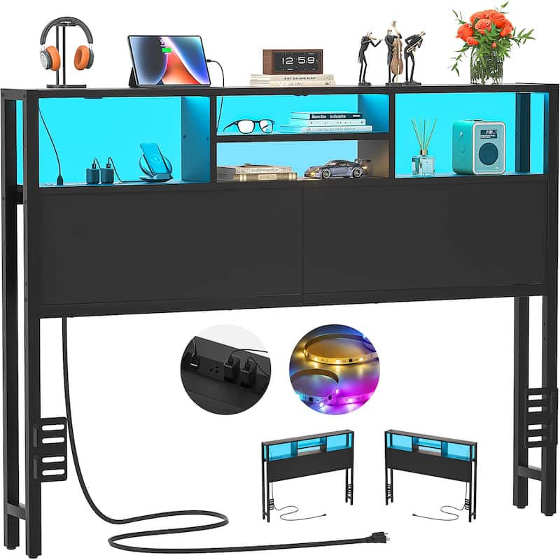 Headboard with Storage and Charge Station, Platform Bed Heaboard with LED Lights