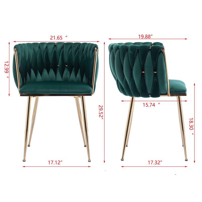 Velvet Fabric Dining Chairs Set of 2, Ergonomic Upholstered Lounge Chair, Accent Chairs with Woven Back & Metal Legs