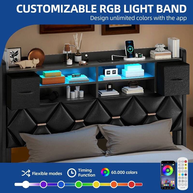 Moasis Upholstered Bed Frame with Storage Headboard And Charging Station and LED Light