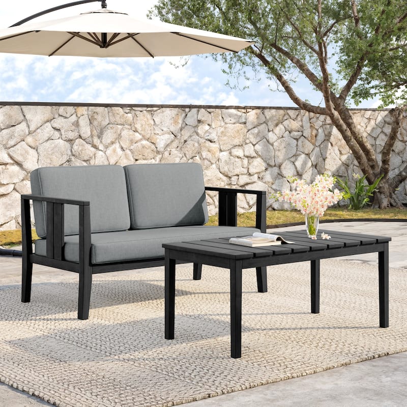 Teak Wood Water Resistant Outdoor Loveseat and Coffee Table Set (Set of 2)