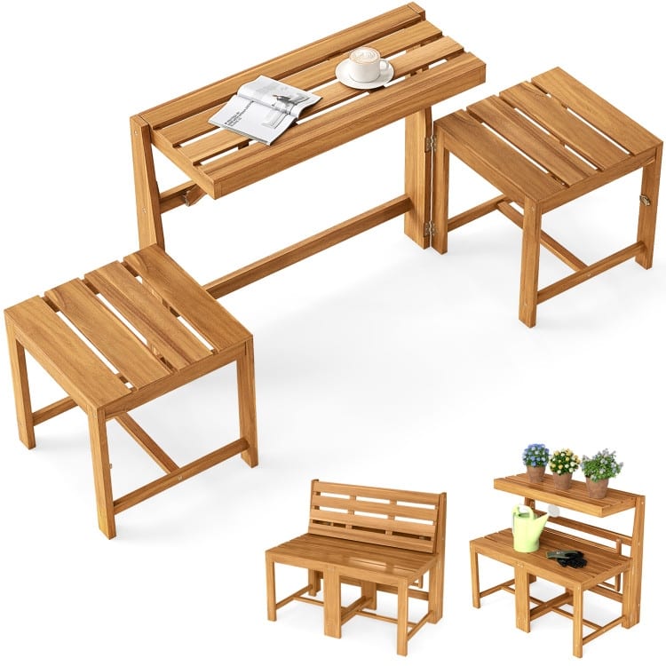 Natural Acacia Wood Convertible Loveseat Table Bench 3-in-1 Outdoor - 21.5" x 35.5" x 31.5"