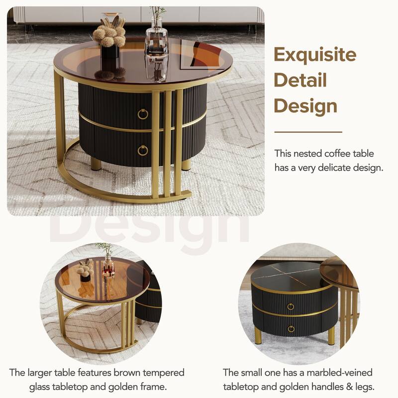 Stackable Round Coffee Table with 2 Drawers, Modern Nesting Tables