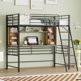Black Twin Size Metal Loft Bed with Desk, Shelf and Ladder for Kids, Boys and Girls, Bedroom